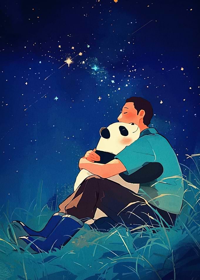 Man Hugging Panda Starry Sky
