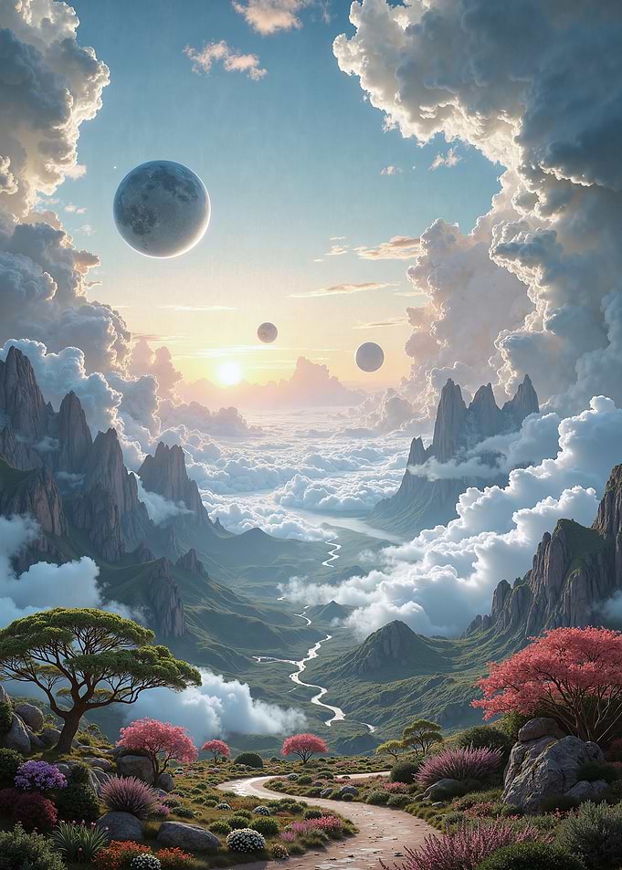 Fantasy Landscape with Planets and Clouds