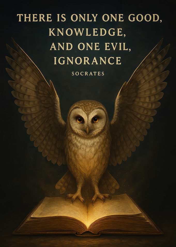 Owl, Book, and Socrates Quote