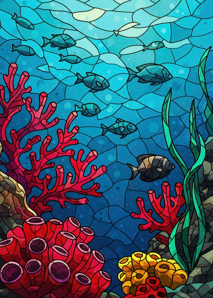 Stained Glass Underwater Scene with Fish