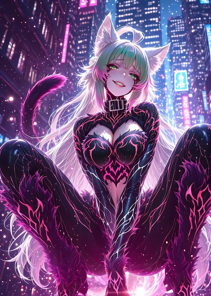 Anime Catgirl in Cyberpunk Cityscape