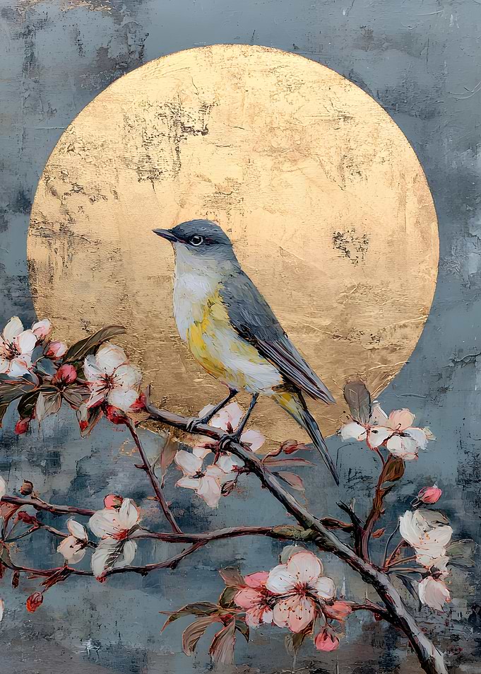 Bird on Blossoming Branch with Golden Orb