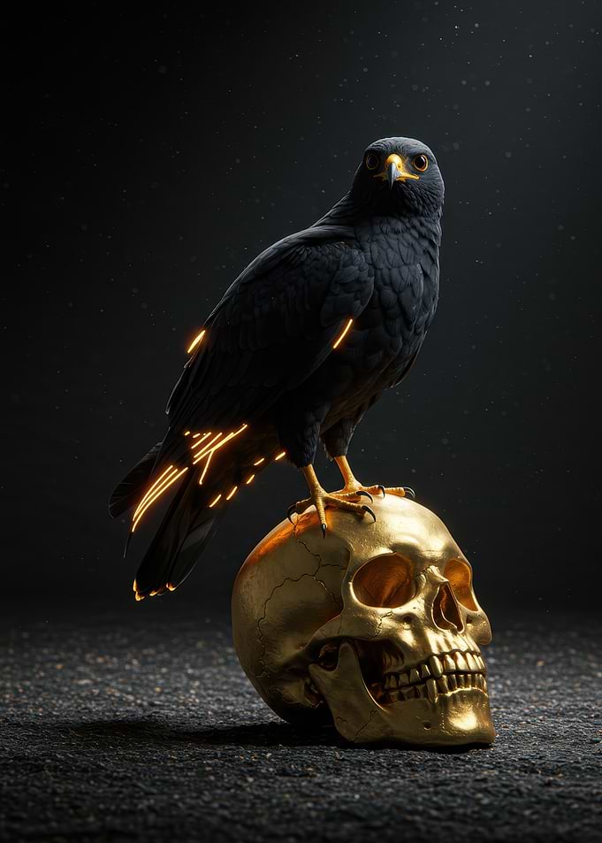 Raven perched on golden skull
