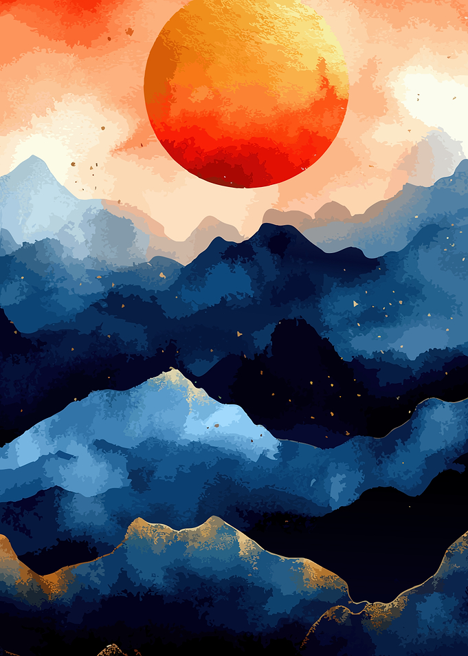 Watercolor Mountain Landscape with Sun
