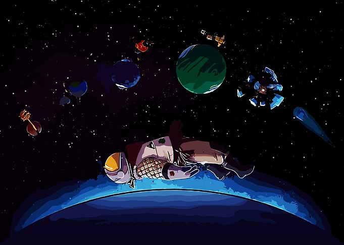 Astronaut Floating in Space with Planets