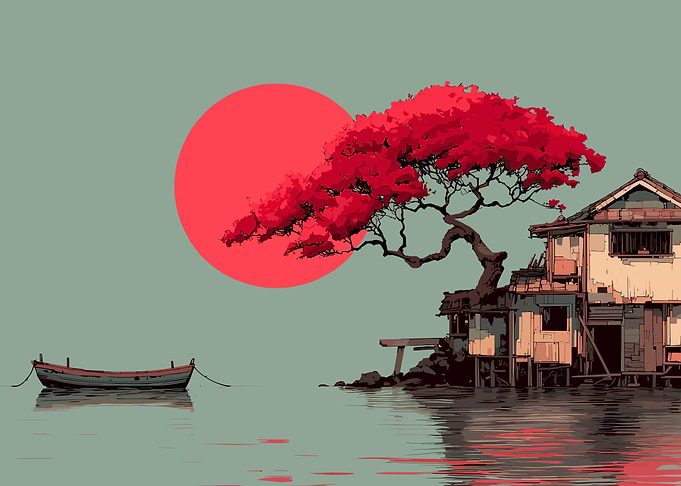 Japanese Landscape with Red Sun
