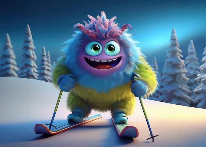 Cartoon Monster Skiing in Winter Landscape