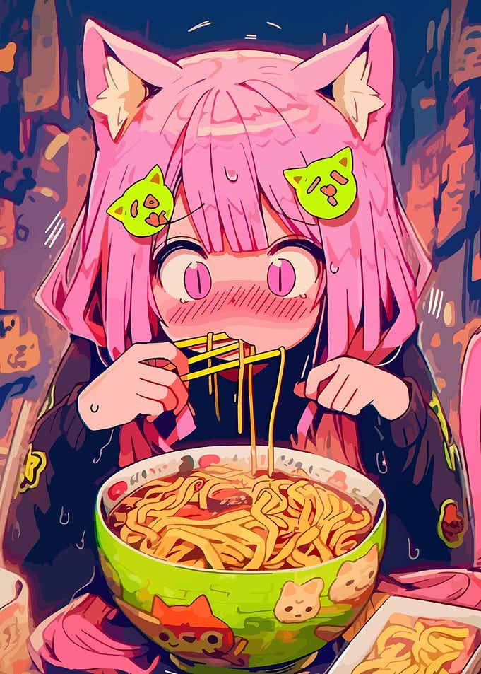 Anime Girl Eating Ramen with Cat Ears