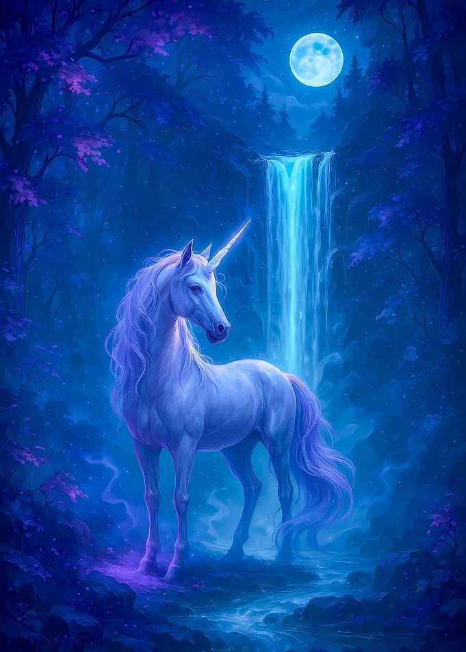 Unicorn in Moonlight by Waterfall
