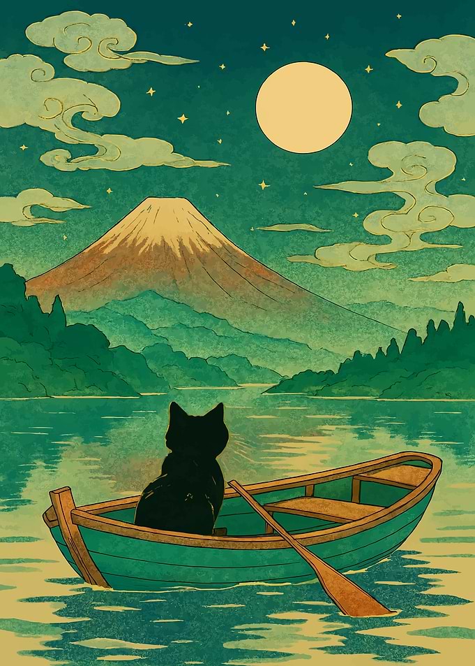 Cat in Boat with Mount Fuji View