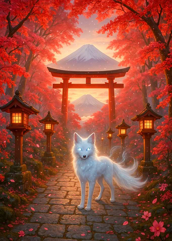 Spirit of the Torii – Mystical White Fox in Autumn Japan