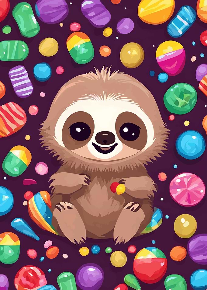 Colorful Cute Sloth With Candies