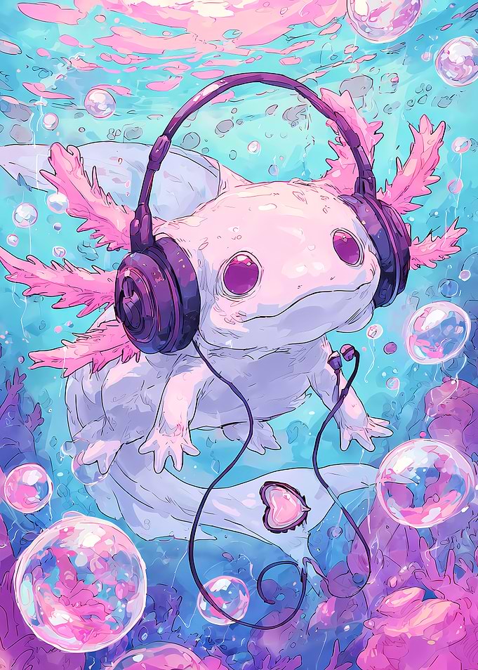 Cute Axolotl Listening to Music
