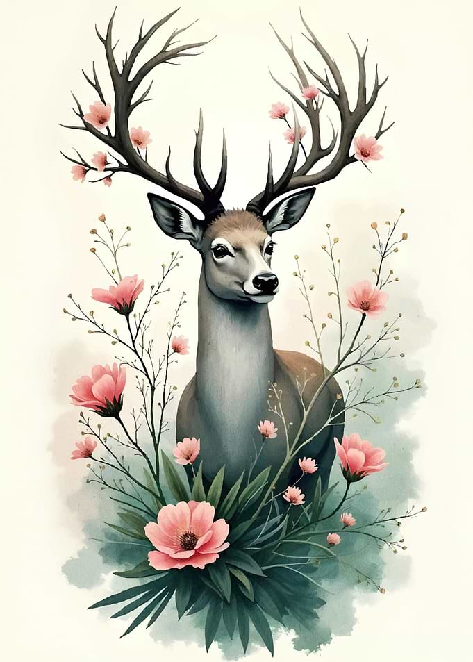 Deer Flowers Watercolor