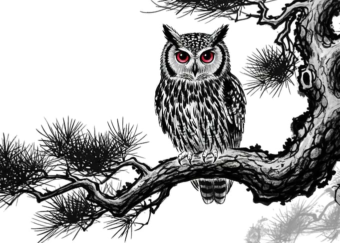 Owl on Branch Ink Painting Japanese Sumi-e
