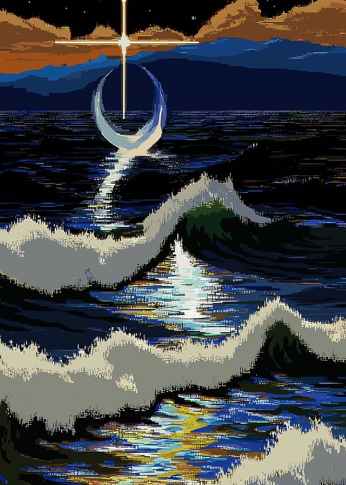 Pixelated Ocean with Crescent and Cross