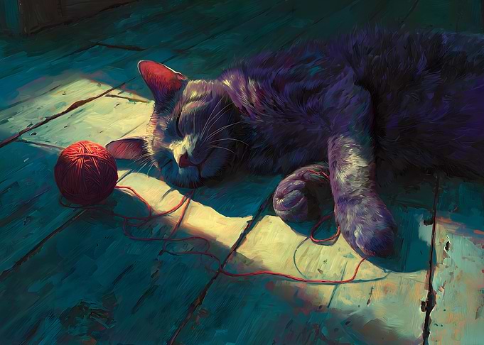 Sleeping Cat with Yarn Ball 'Worn Out Whiskers'
