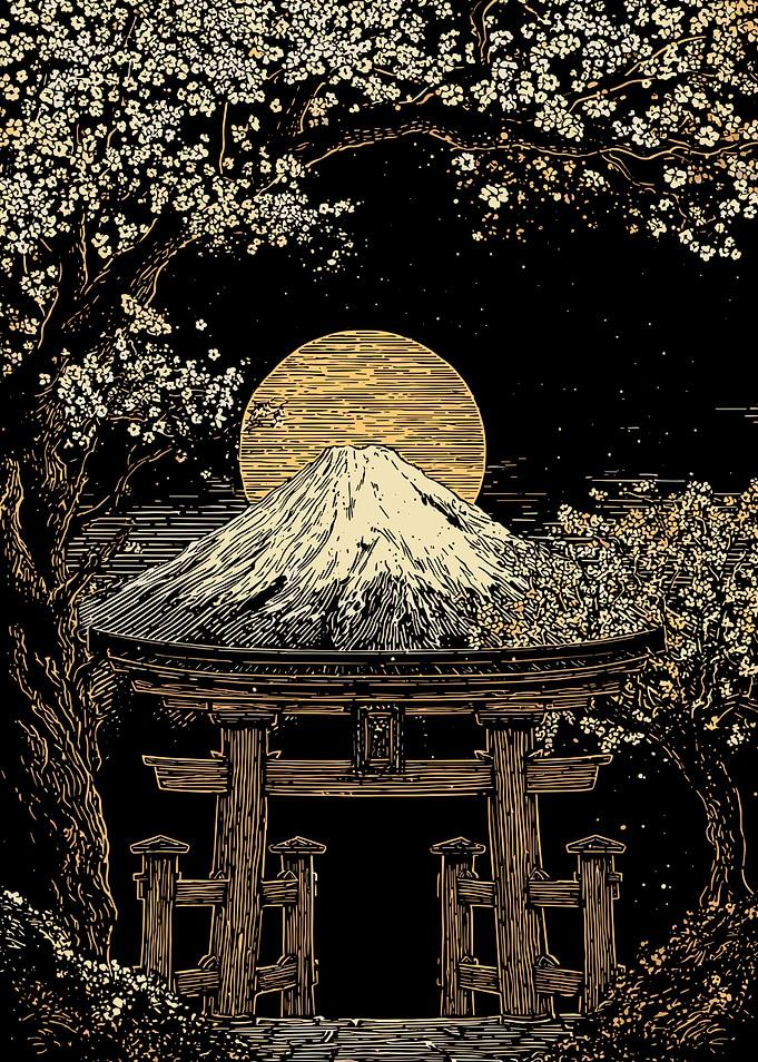 Mount Fuji and Torii Gate Illustration