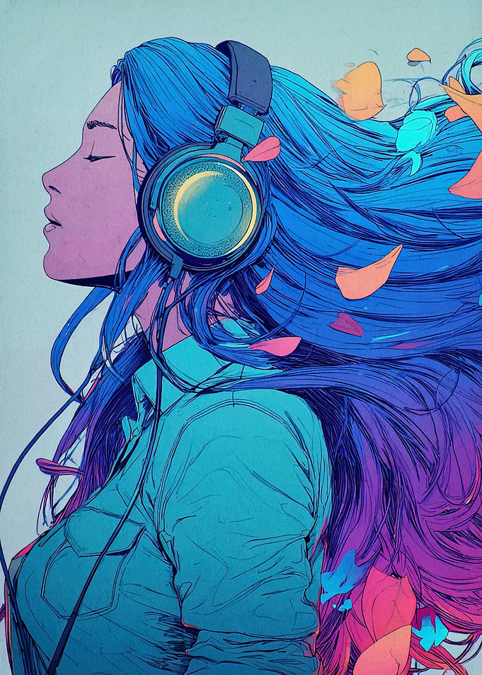 Girl with Headphones in Digital Art