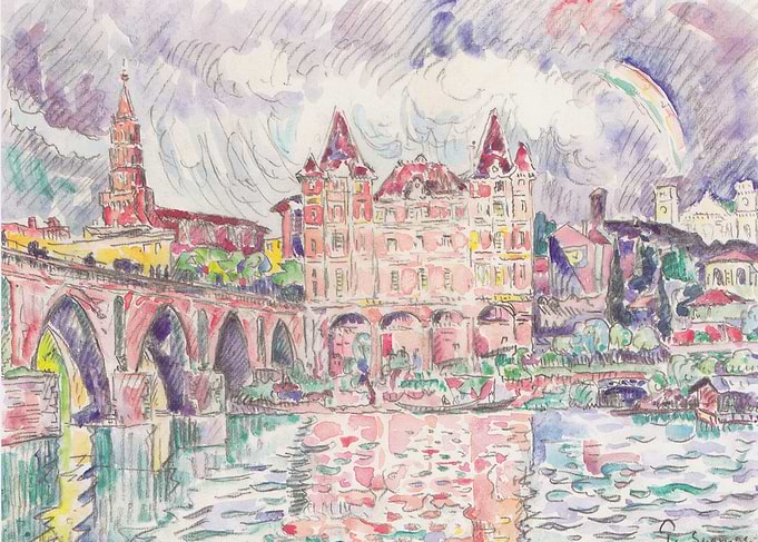 Watercolor Cityscape with Bridge and Rainbow