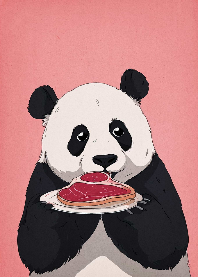 Panda with Steak on Pink Background
