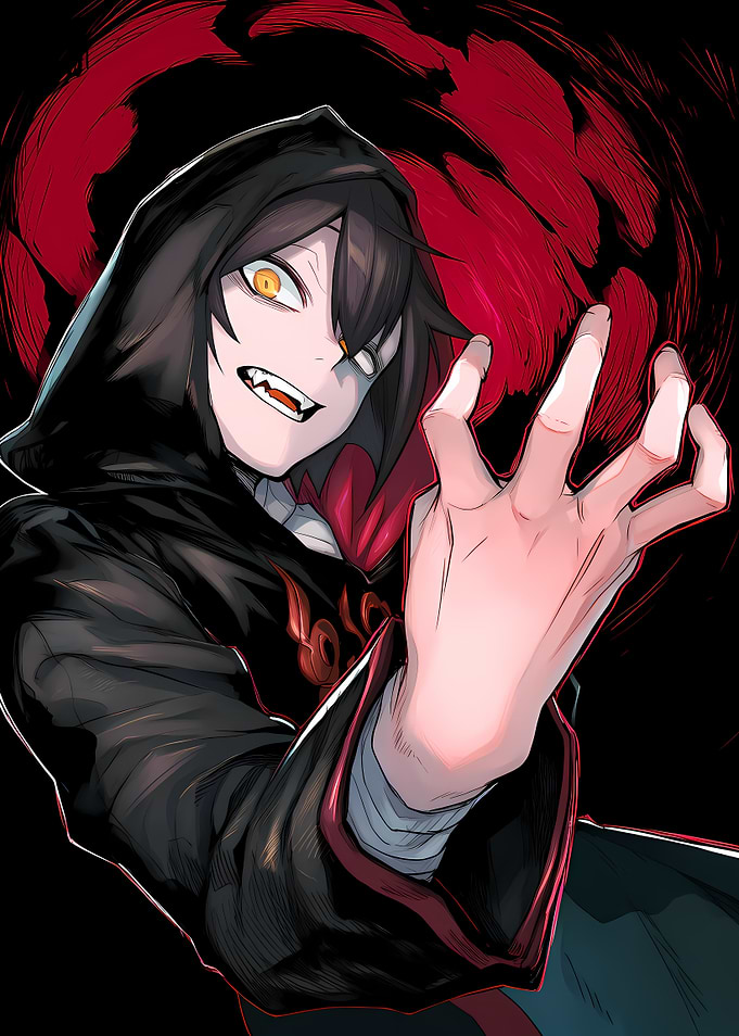 Hooded Figure with Fangs and Red Aura
