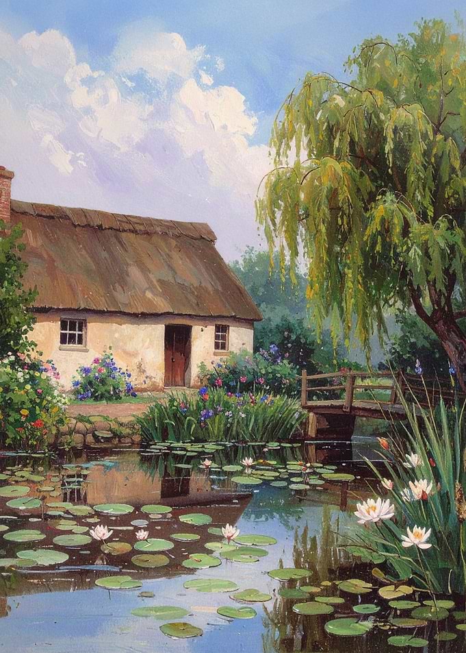 Cottage by the Pond Painting