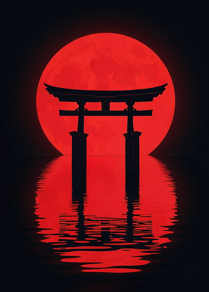 Torii Gate Silhouette with Red Moon