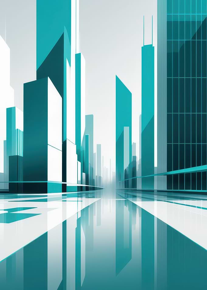 Minimal Teal Cityscape — Futuristic Geometric Skyline Digital Art