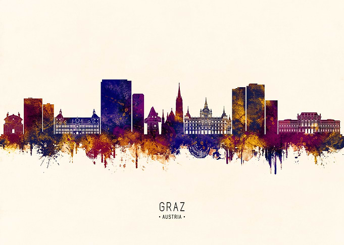 Graz Austria Skyline Watercolor
