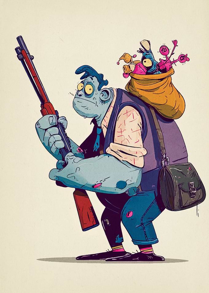 Cartoonish Hunter with Bag and Rifle