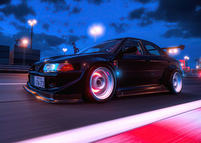 Mitsubishi Lancer GT7 Sleek Black Car at Night