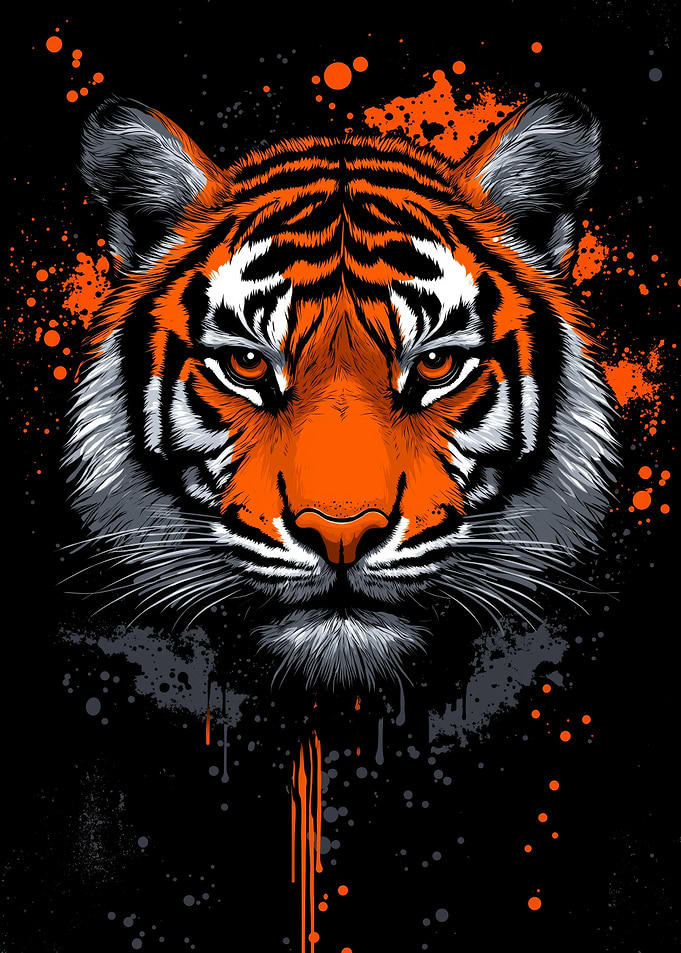 Tiger Portrait with Orange Splatter