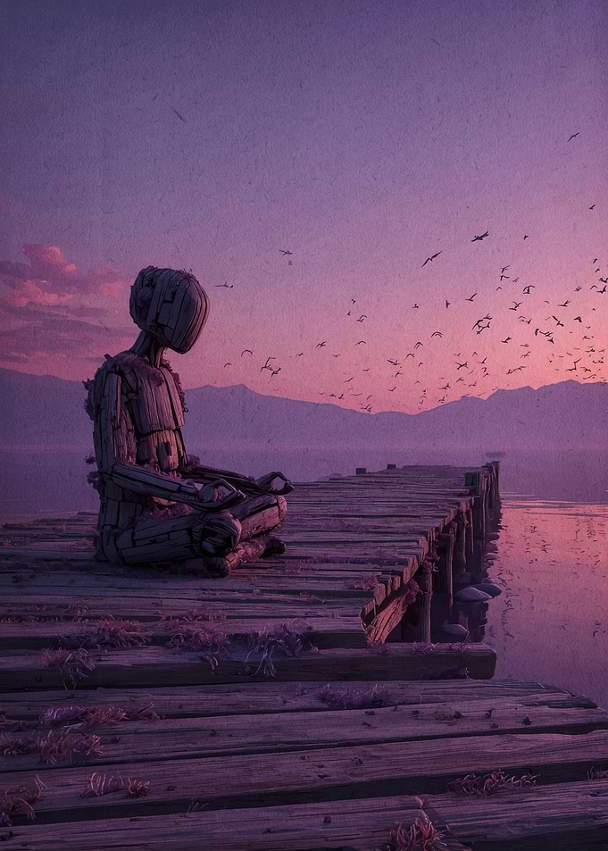 Wooden Figure Meditating on Dock at Sunset