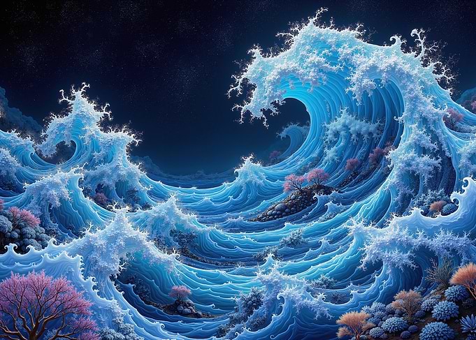 Pixelated Ocean Waves at Night