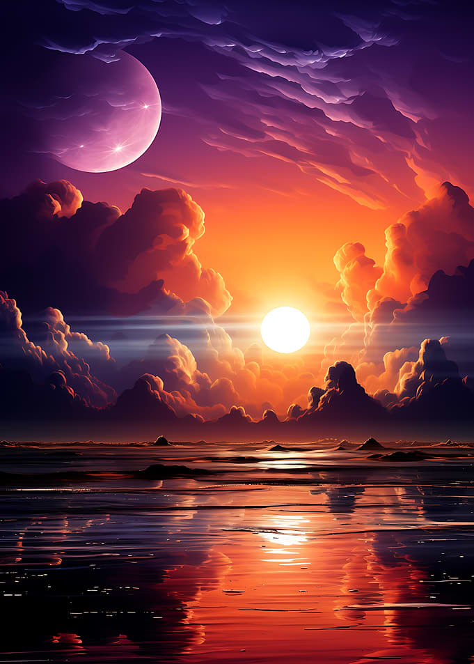 Dramatic Sunset Over Water with Moon