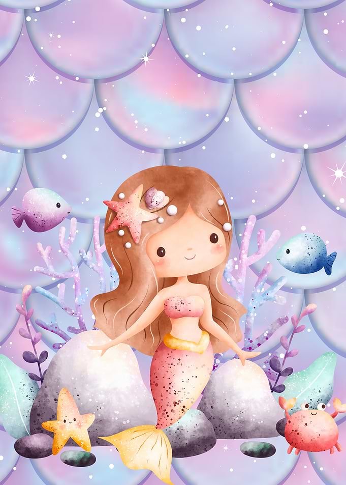 Cute Mermaid with Sea Life Illustration
