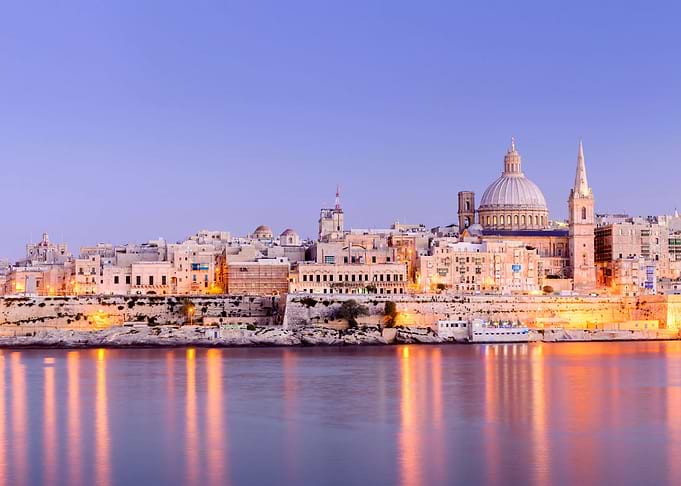 valletta, malta cityscape at dusk