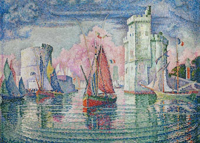 Harbor Scene with Sailboats and Towers
