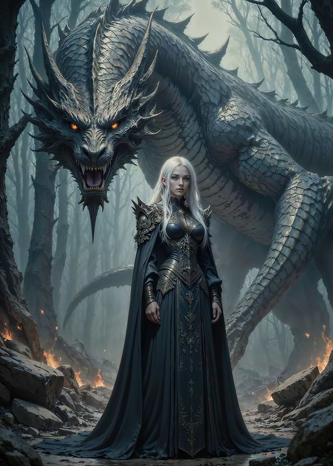 Elven Queen and Her Ancient Dragon Guardian in a Mystical Burning Forest