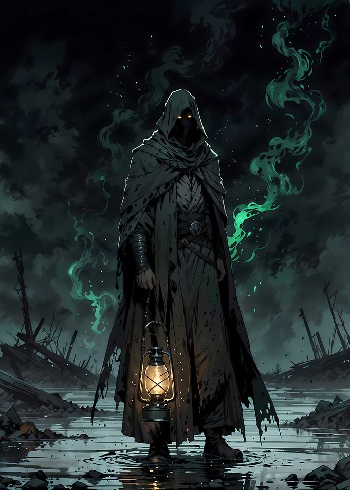 Hooded Figure with Lantern in Ruins
