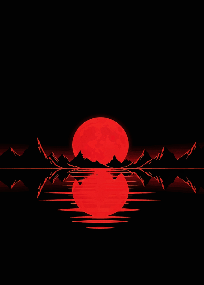 Red Moon Over Mountains Reflection