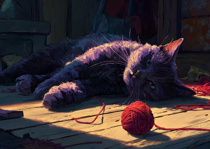 Whimsical Cat and Yarn