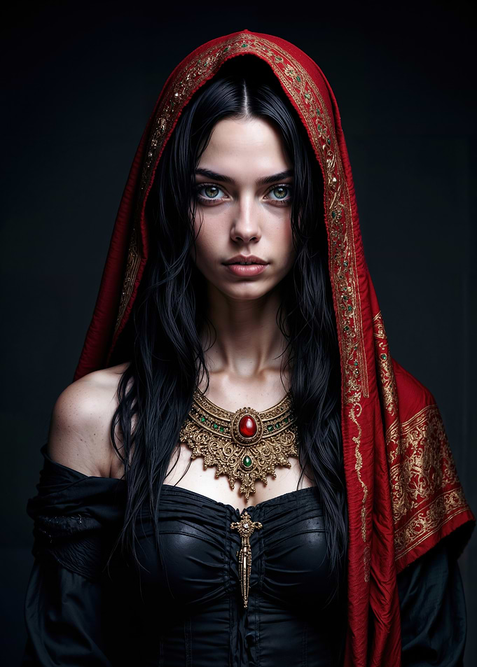 Enigmatic Beauty in Crimson Hood: A Portrait of Ancient Allure