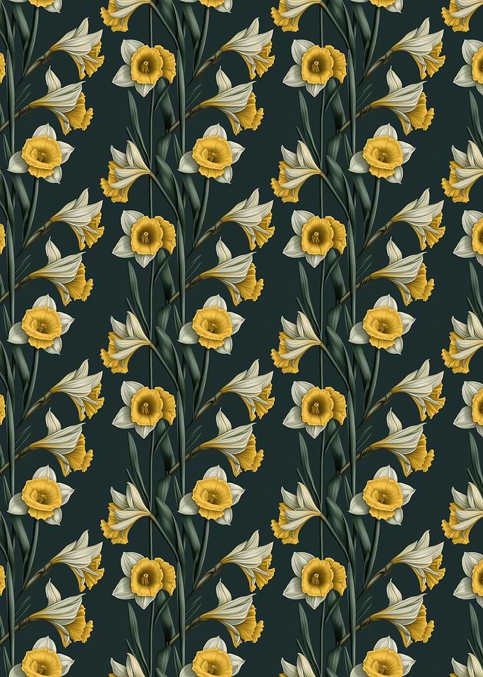 Daffodil Floral Pattern on Dark Background