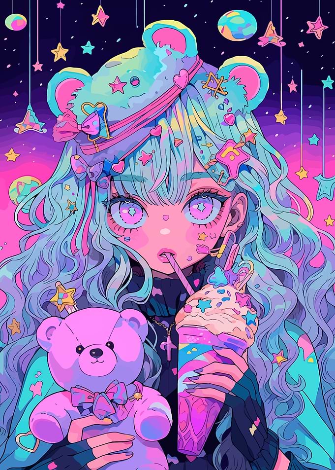 Pastel Anime Girl with Teddy Bear