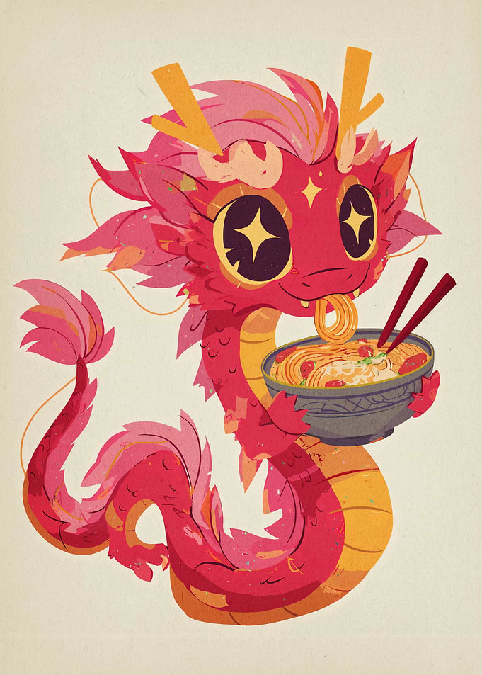 Cute Dragon Eating Noodles Illustration