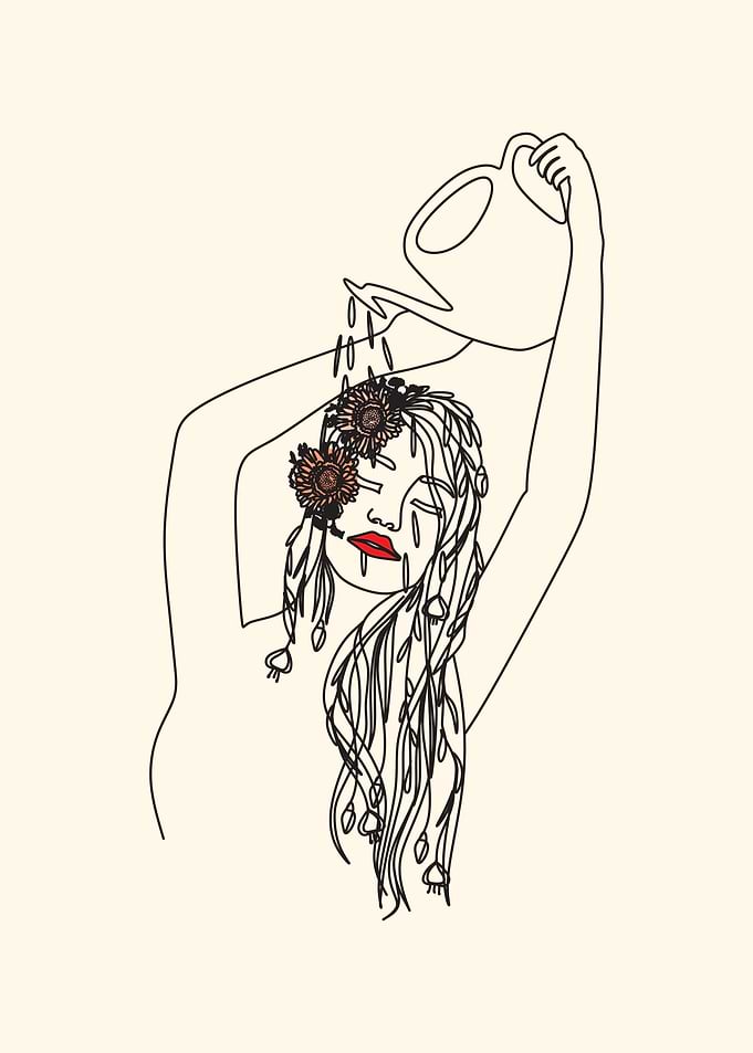 Woman Watering Flowers on Her Head