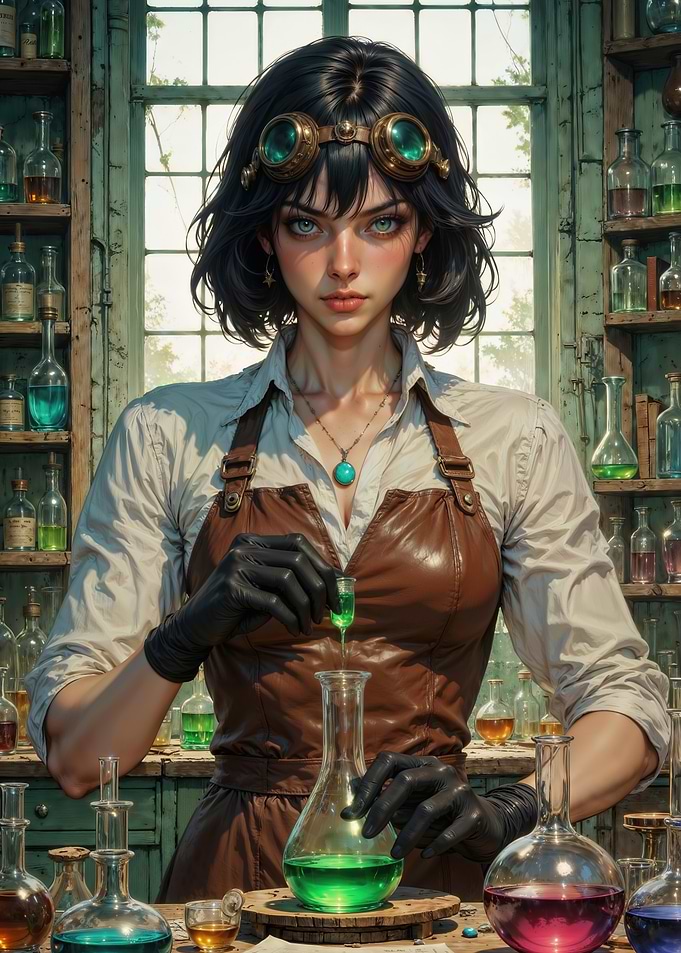 Steampunk Alchemist: Mystic Woman Crafting Emerald Elixirs in Her Rustic Laboratory