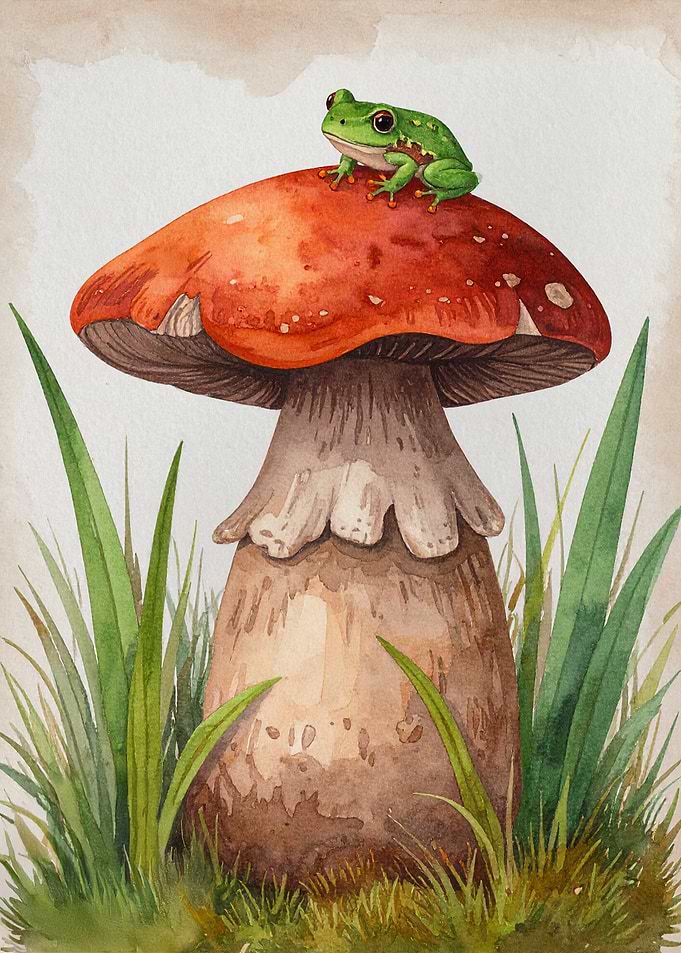 Frog on Mushroom Watercolor